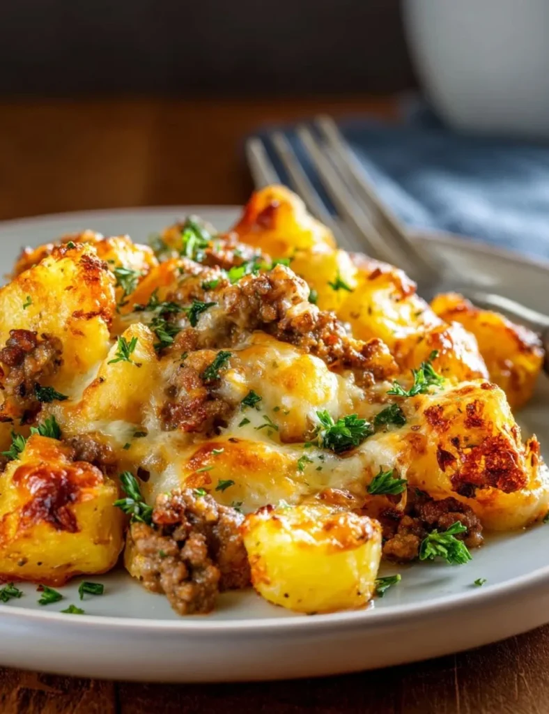 Delicious Hobo Casserole served in a baking dish with meat and vegetables