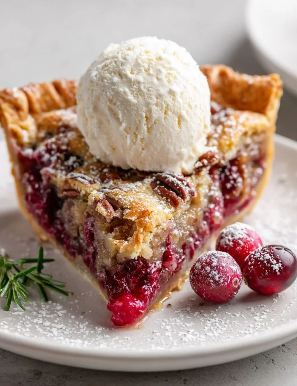 Slice of Nantucket Cranberry Pie topped with whipped cream on a white plate