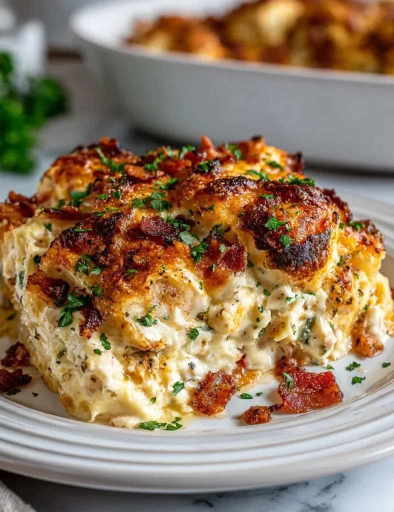 Delicious Neiman Marcus Chicken Casserole served in a baking dish.