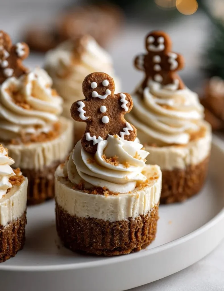 No-bake gingerbread cheesecake cups topped with whipped cream and festive spices.