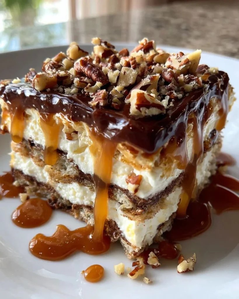 Delicious No Bake Turtle Lasagna Dessert with chocolate, caramel, and nuts