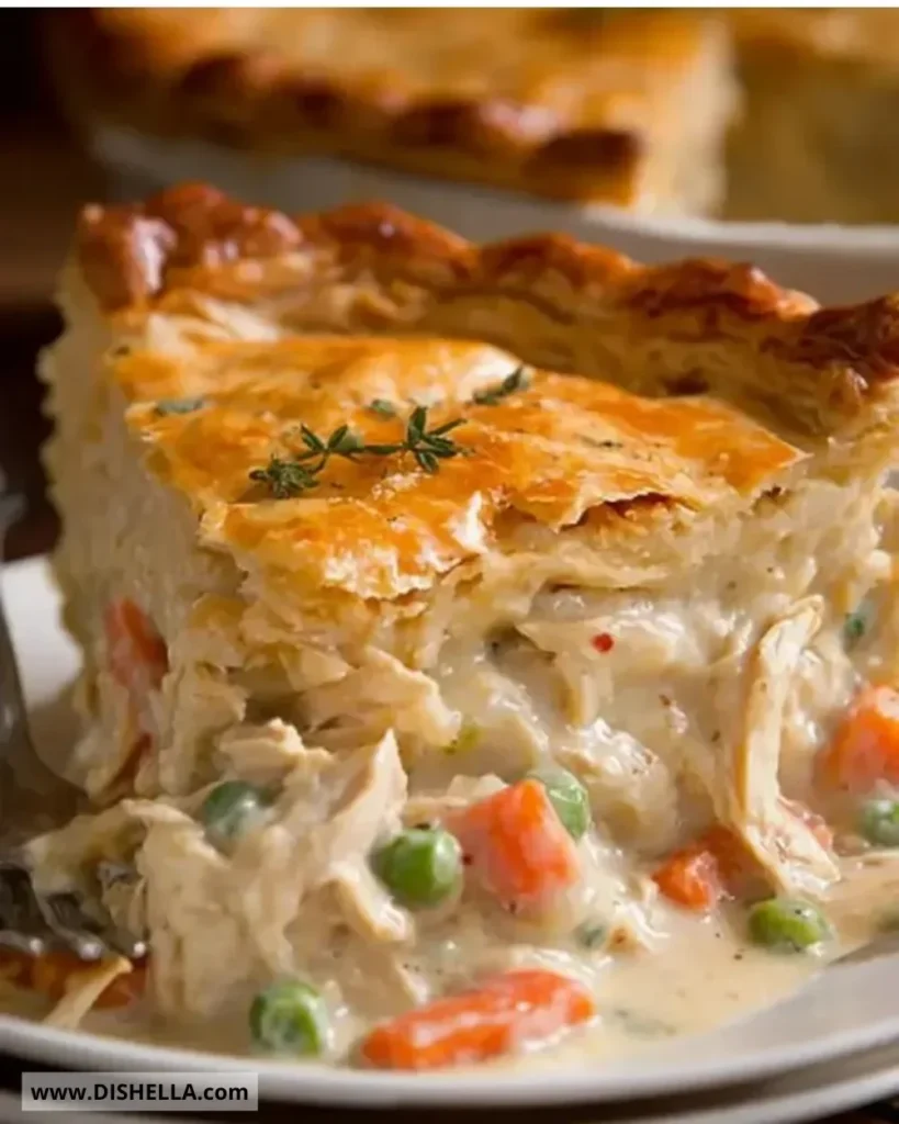 Homemade old-fashioned chicken pot pie with flaky crust and colorful vegetables.