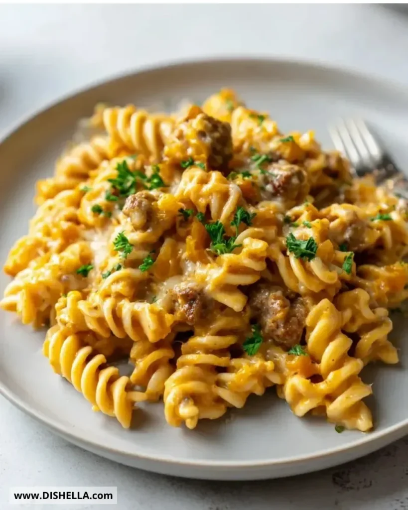 One pan butternut squash and sausage pasta bake on a wooden table