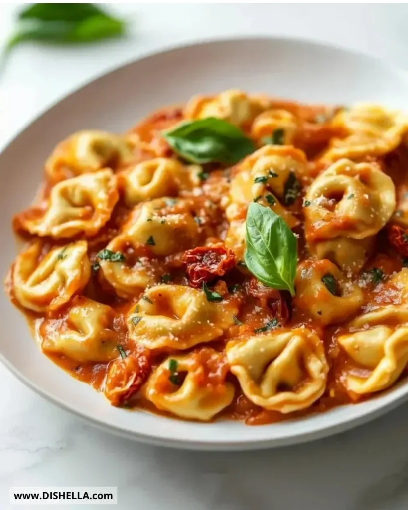 One Pan Tomato Basil Tortellini dish served in a bowl with fresh basil garnish
