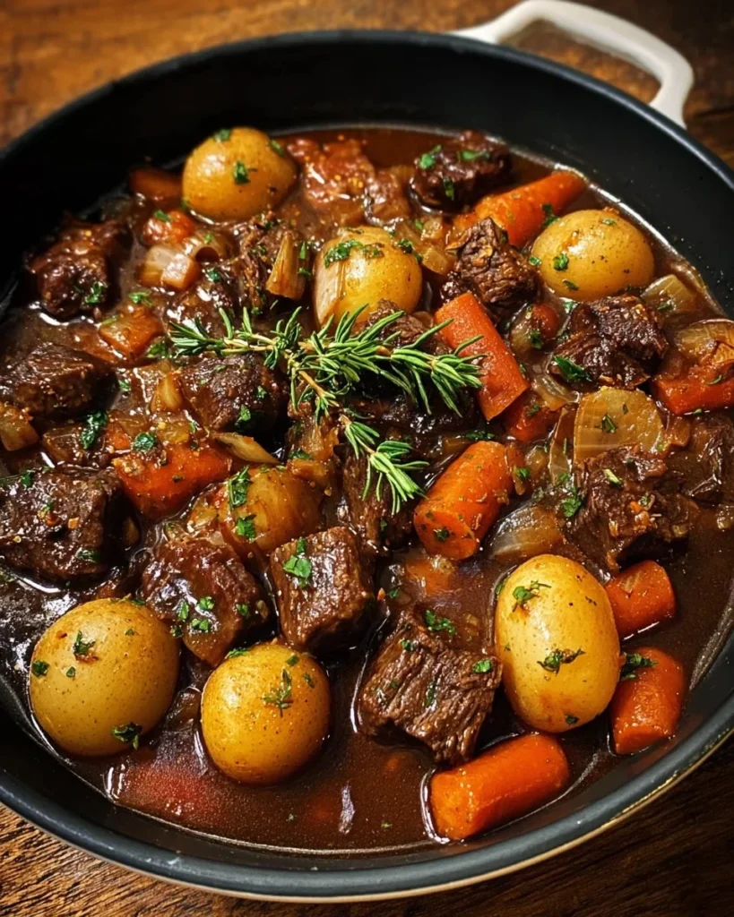 Delicious one-pot autumn beef stew with vegetables and herbs