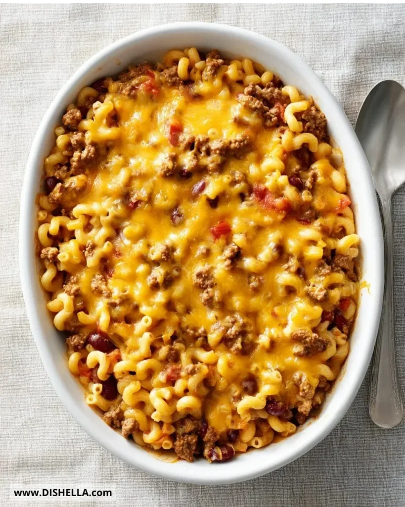 One Pot Chili Mac & Cheese dish served in a bowl
