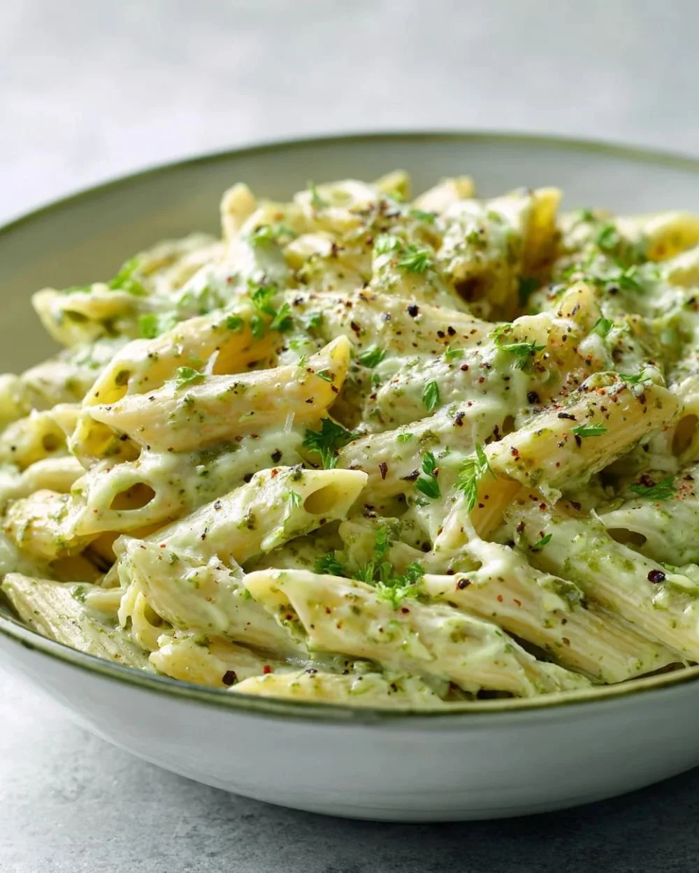 One Pot Creamy Pesto Pasta served in a bowl with fresh basil and parmesan
