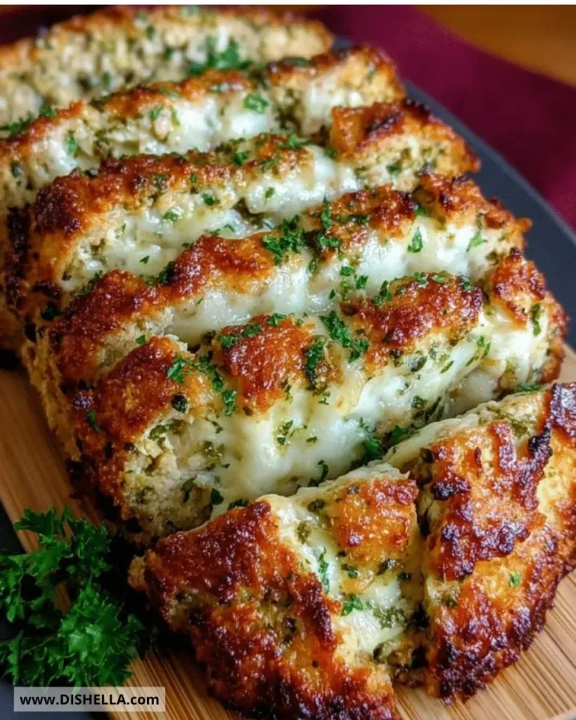 Deliciously baked Parmesan Chicken Meatloaf served with herbs and garnish.