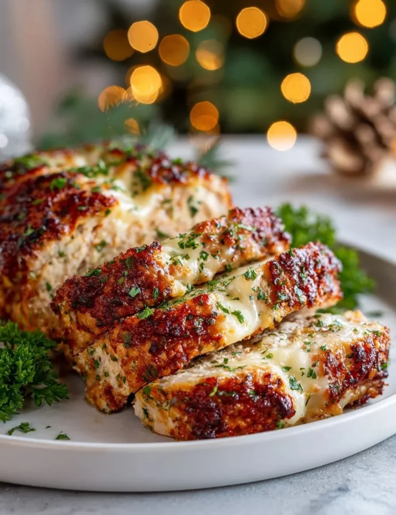 Baked Parmesan Chicken Meatloaf garnished with herbs and served on a plate.