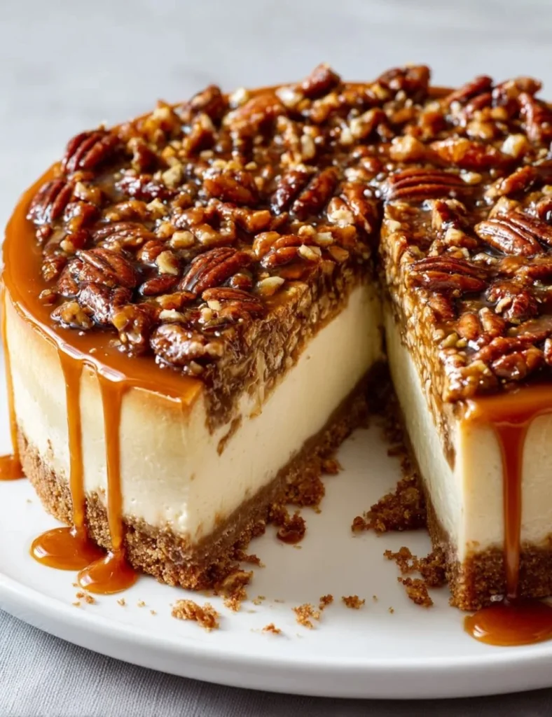 Delicious pecan pie cheesecake topped with caramel and pecans