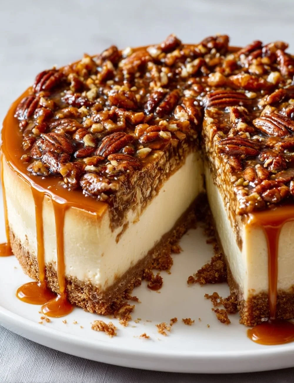 Delicious pecan pie cheesecake topped with caramel and pecans