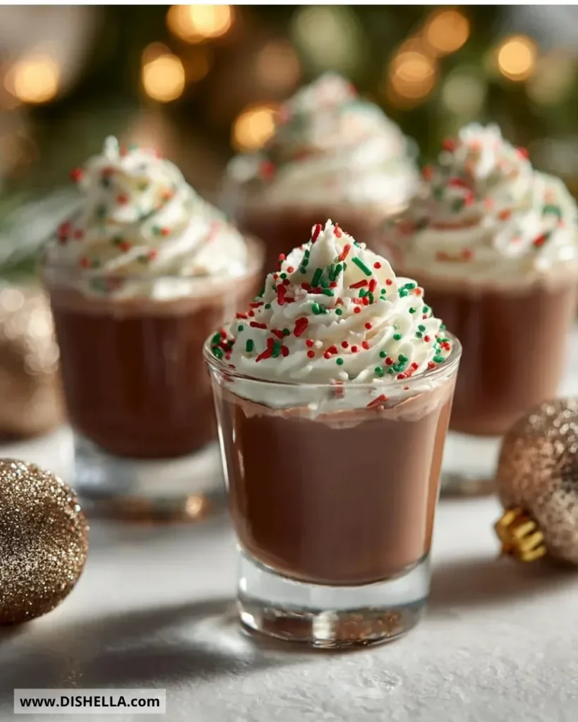 Festive peppermint Christmas shots served in holiday-themed glasses.