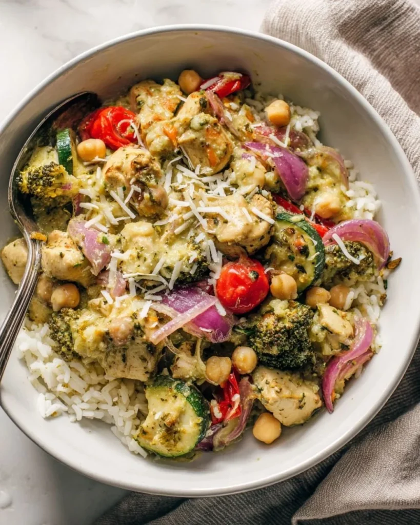 Pesto Chicken and Rice One Pot dish garnished with fresh basil