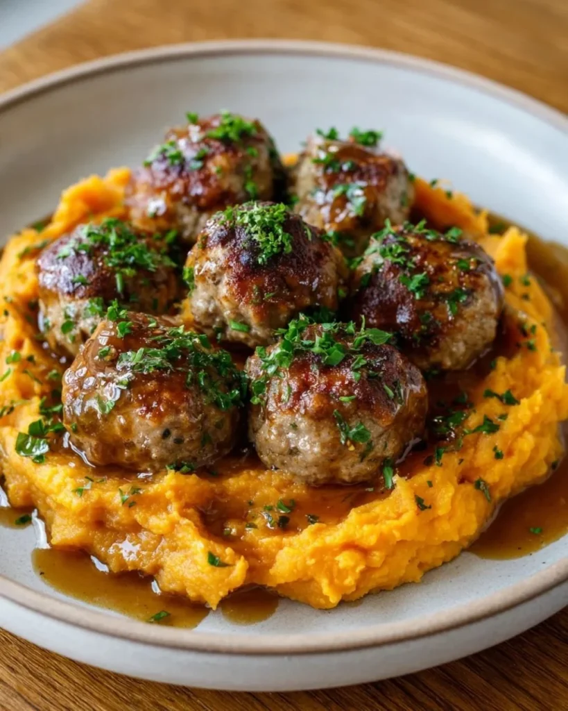 Pork meatballs served with sweet potato mash in a rustic bowl