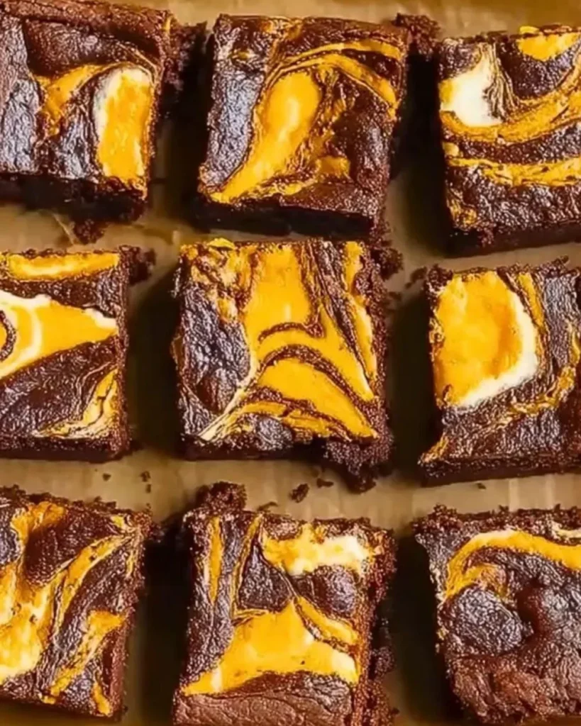 Delicious Pumpkin Cheesecake Swirl Brownies with creamy filling and chocolate topping.
