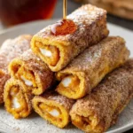 Delicious Pumpkin French Toast Roll-Ups served on a plate with syrup and cinnamon.