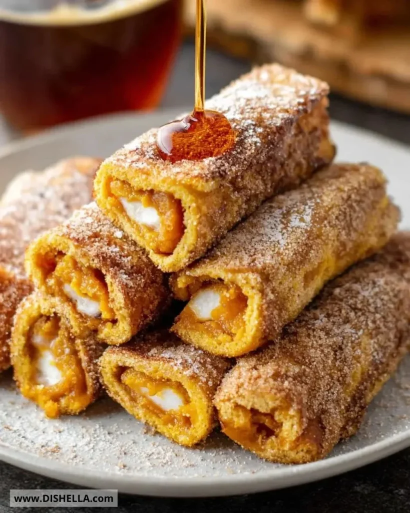 Delicious Pumpkin French Toast Roll-Ups served on a plate with syrup and cinnamon.
