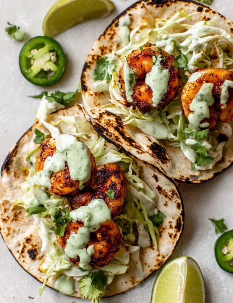 Delicious quick shrimp tacos topped with fresh ingredients and spices.
