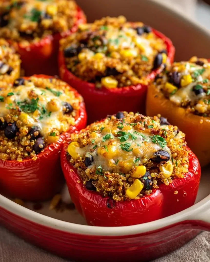 Colorful quinoa stuffed peppers with fresh ingredients ready to serve.