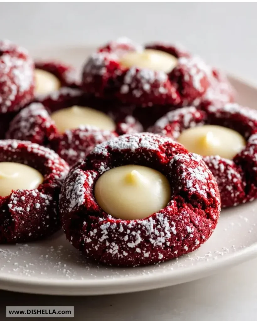 Red Velvet Cream Cheese Thumbprint Cookies on a white plate