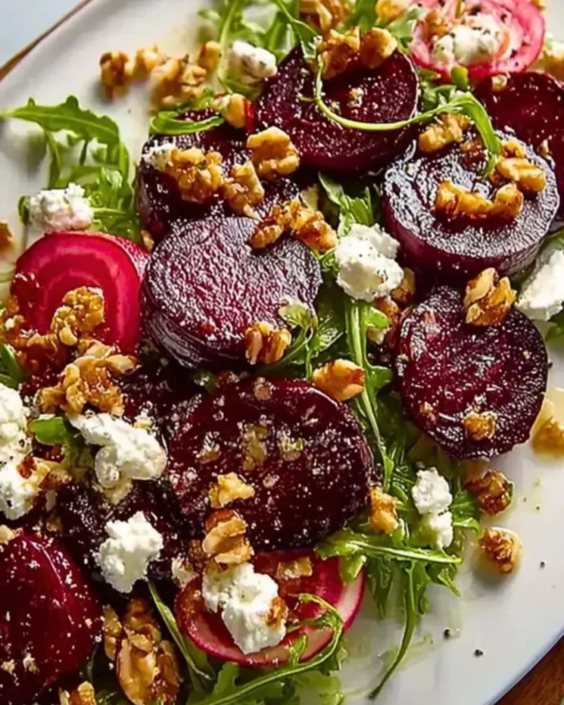 Roasted beet and arugula salad served in a bowl with dressing