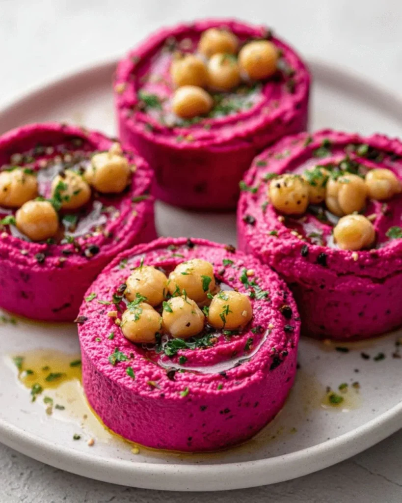 Healthy roasted beet hummus cups served as colorful appetizers