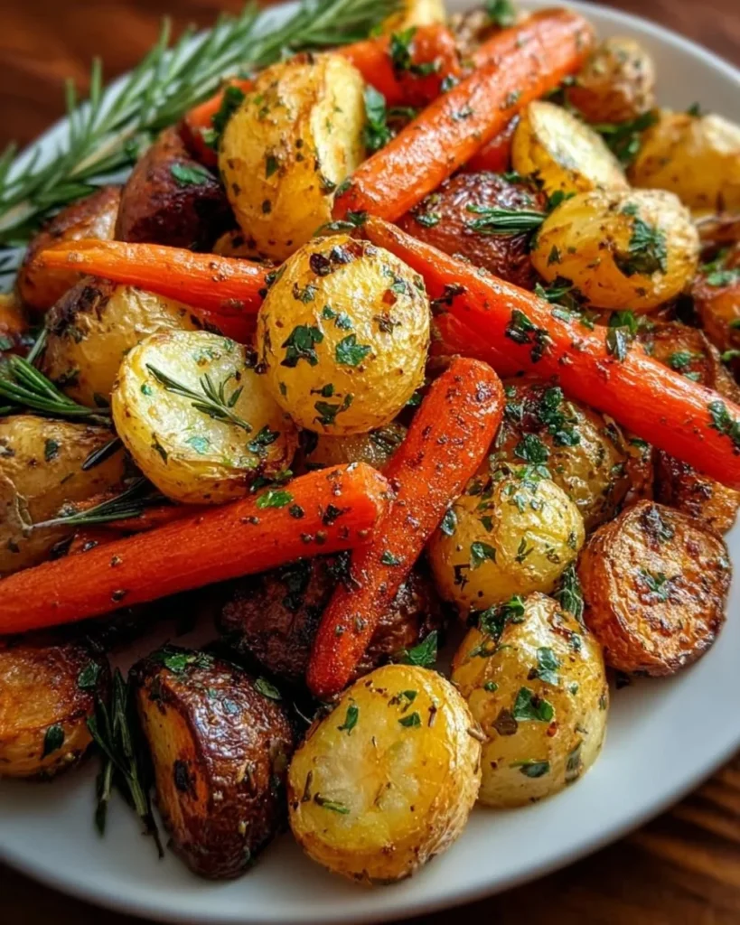 Delicious roasted potatoes with carrots and herbs on a serving plate.