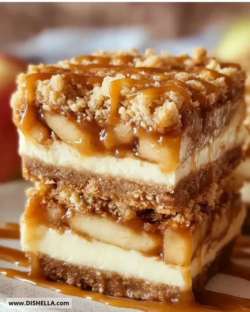 Salted Caramel Apple Cheesecake Crunch Bars with a delicious caramel drizzle