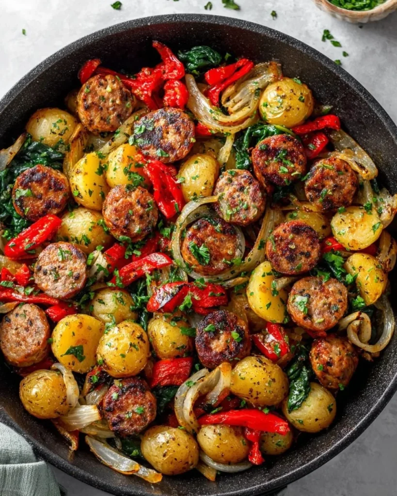 Sausage and potatoes skillet dish with colorful vegetables in a pan