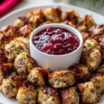 Sausage stuffing bites served with a cranberry dip for appetizer.