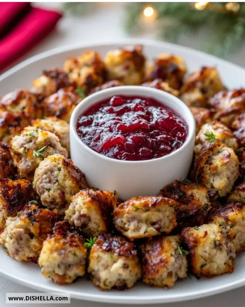 Sausage stuffing bites served with a cranberry dip for appetizer.