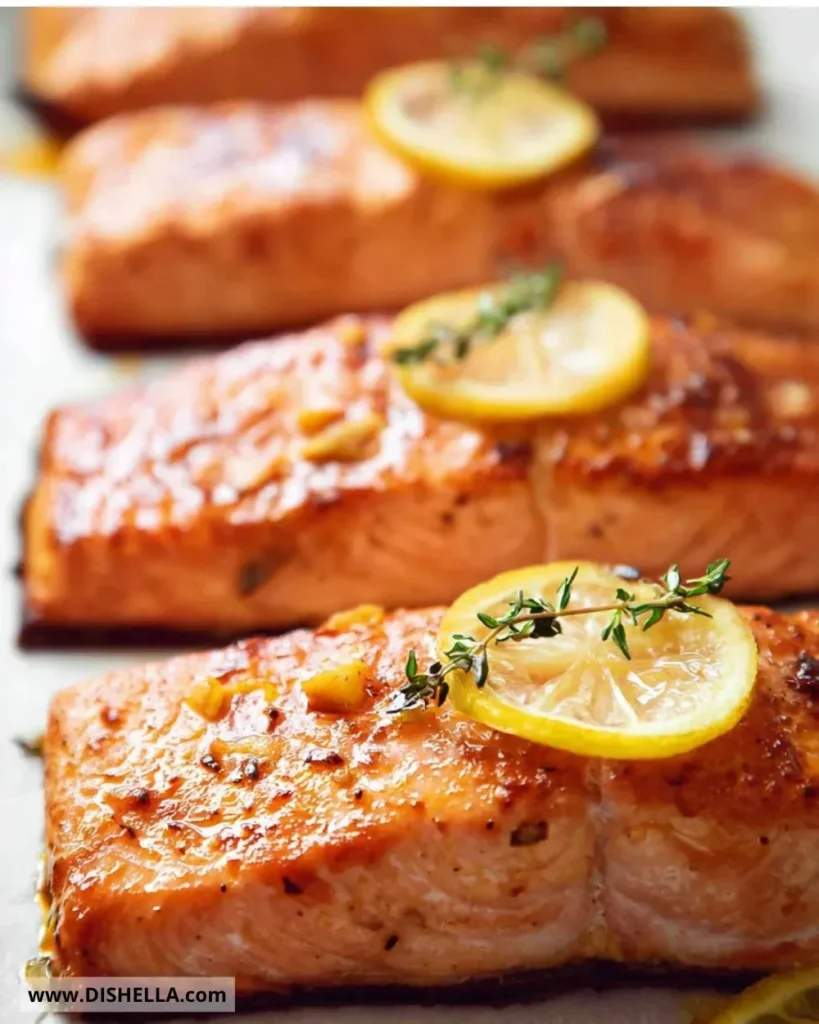 Delicious healthy baked salmon garnished with herbs and lemon