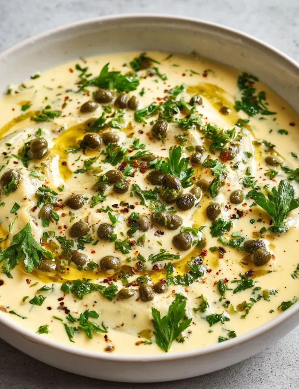 Bowl of simple lemon caper sauce garnished with fresh herbs