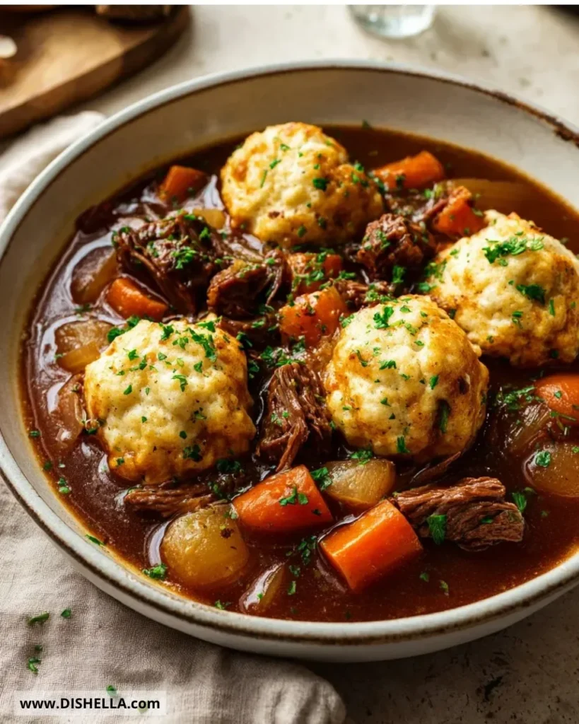 Delicious slow cooker beef stew and dumplings in a hearty bowl