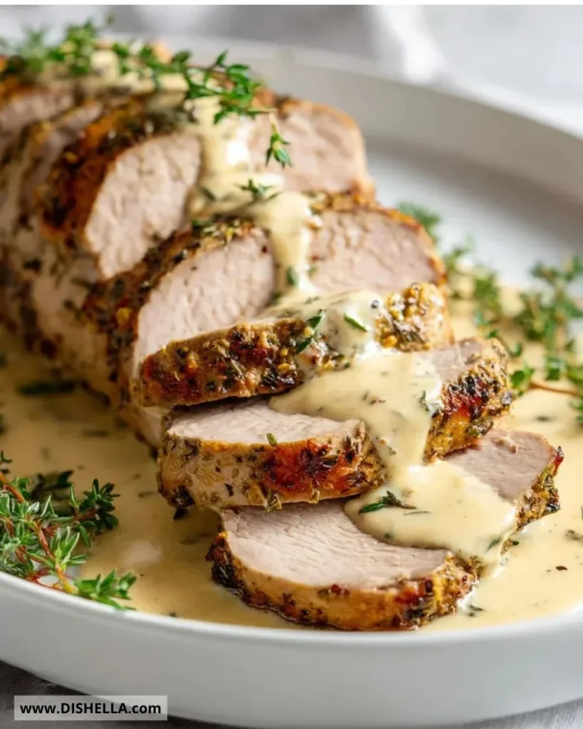 Herb-crusted pork tenderloin in slow cooker, garnished with fresh herbs