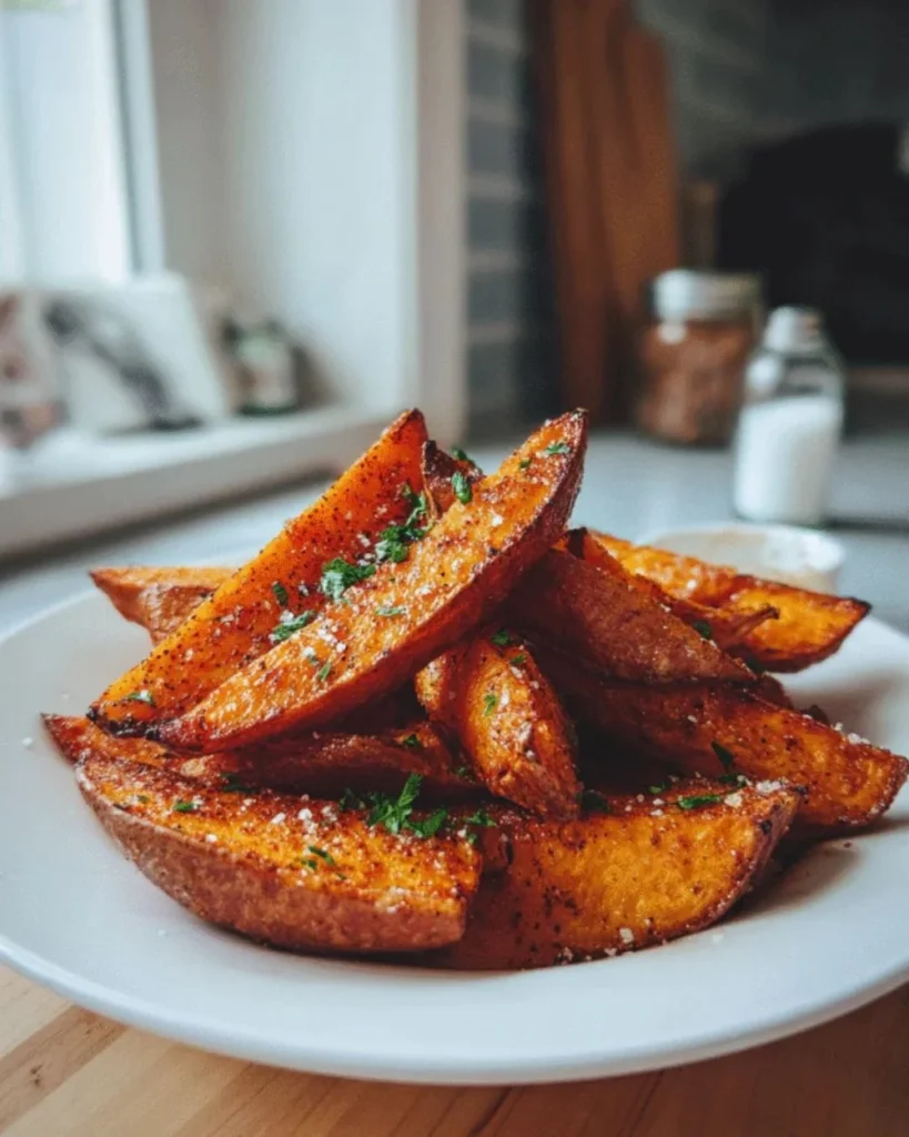 Crispy smoky sweet potato wedges seasoned to perfection.