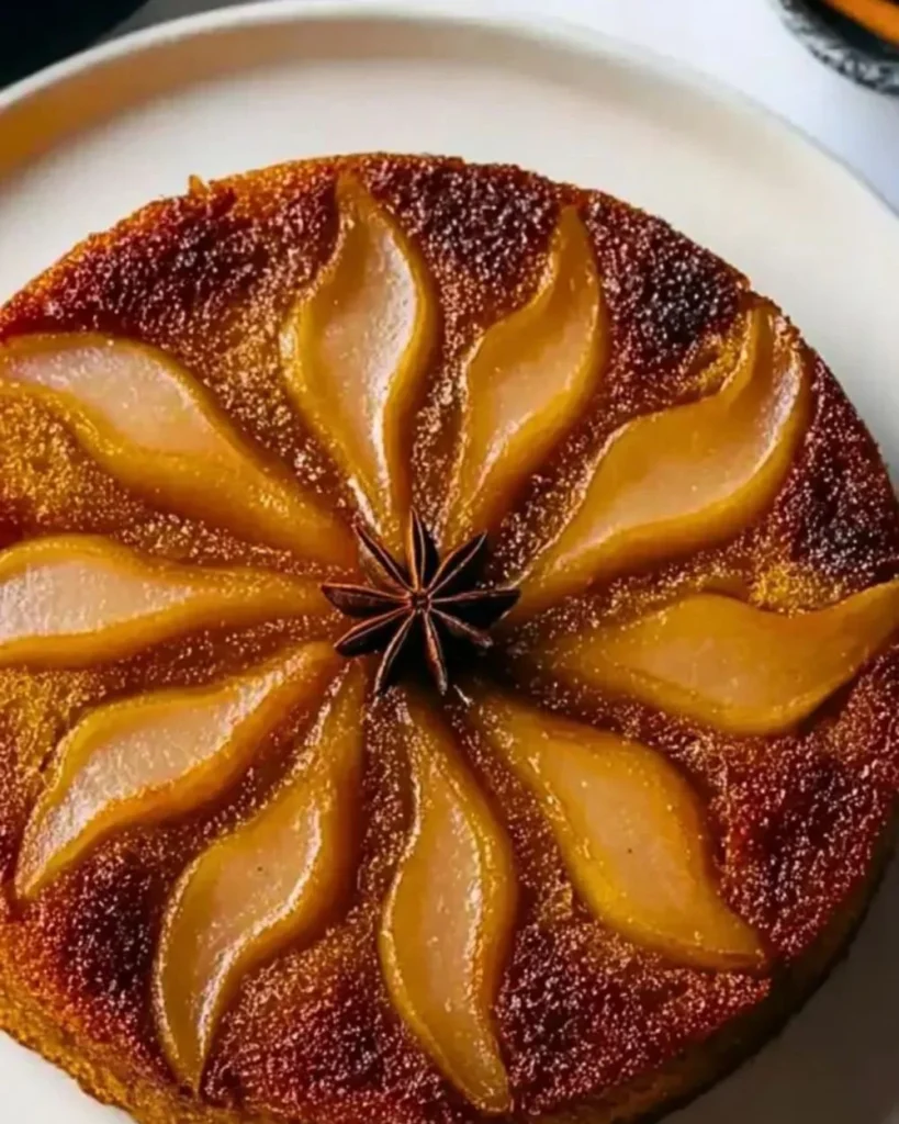 Delicious spiced pear upside down cake garnished with cinnamon and pecans.