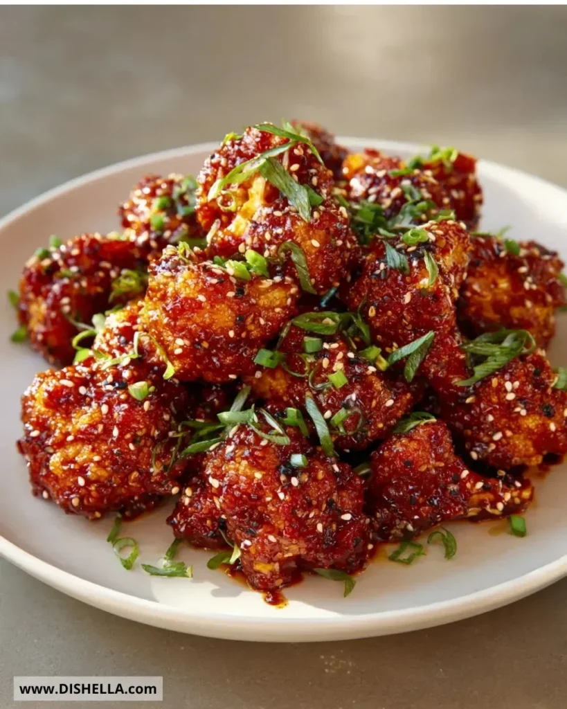 Delicious Sticky Korean Cauliflower plated with sesame seeds and green onions