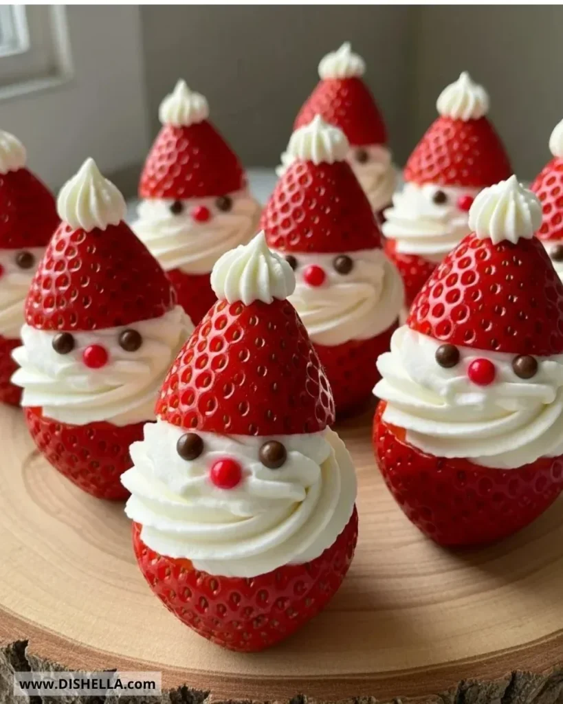 Decorative Strawberry Santas made with strawberries, cream, and chocolate.