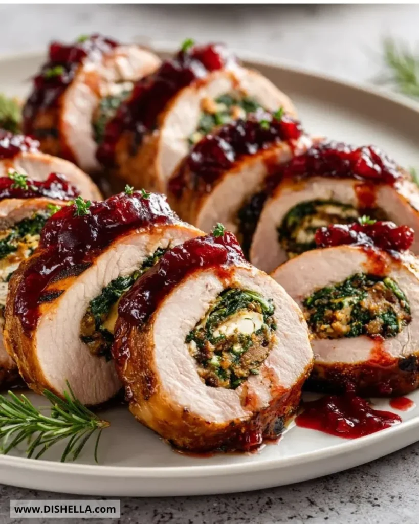 Juicy stuffed beef tenderloin with a savory filling on a rustic plate