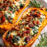 Stuffed butternut squash filled with spinach, beef, bacon, and cheese