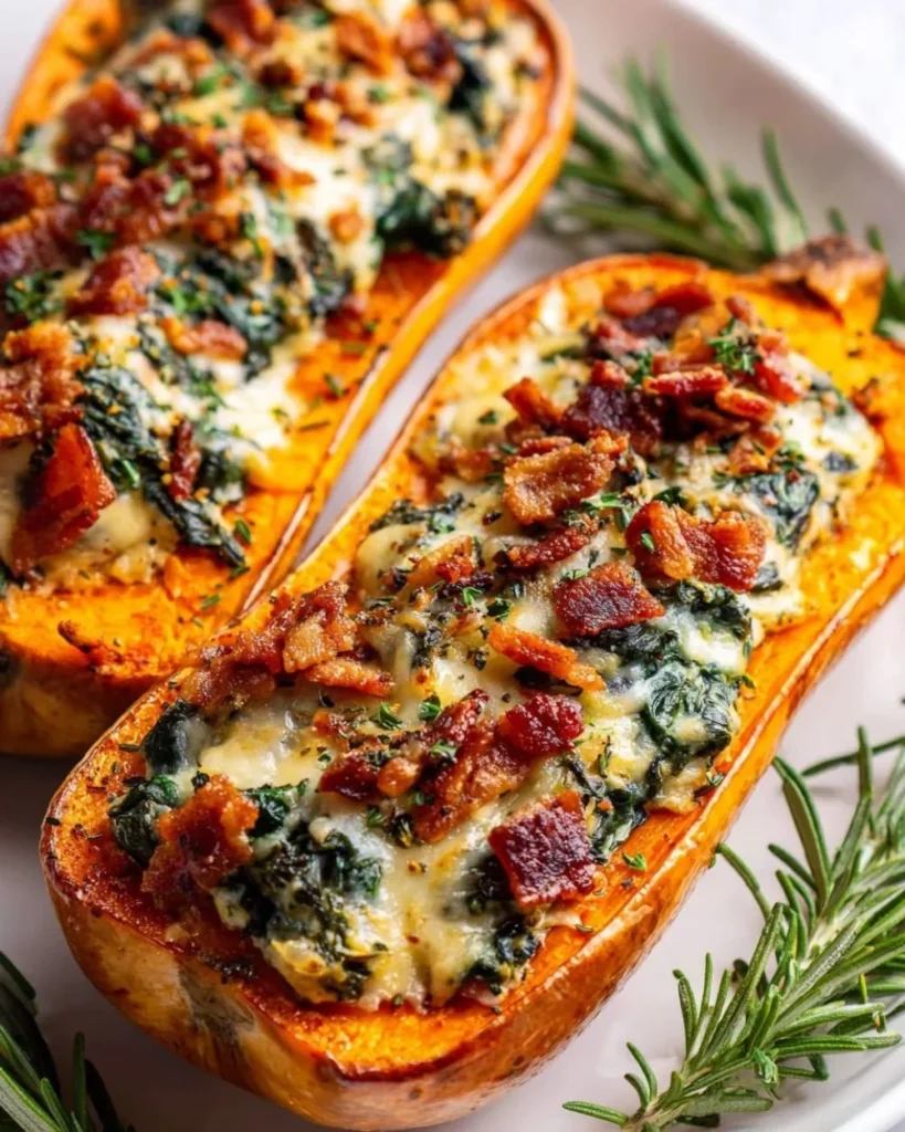 Stuffed butternut squash filled with spinach, beef, bacon, and cheese
