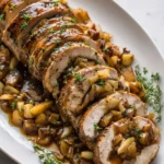 Stuffed pork tenderloin served with apple bourbon gravy on a plate