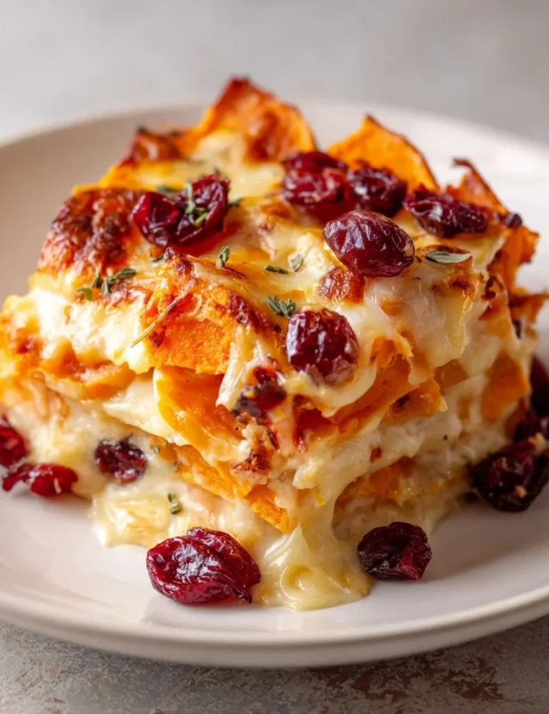 Creamy Sweet Potato and Cranberry Gratin baked to golden perfection