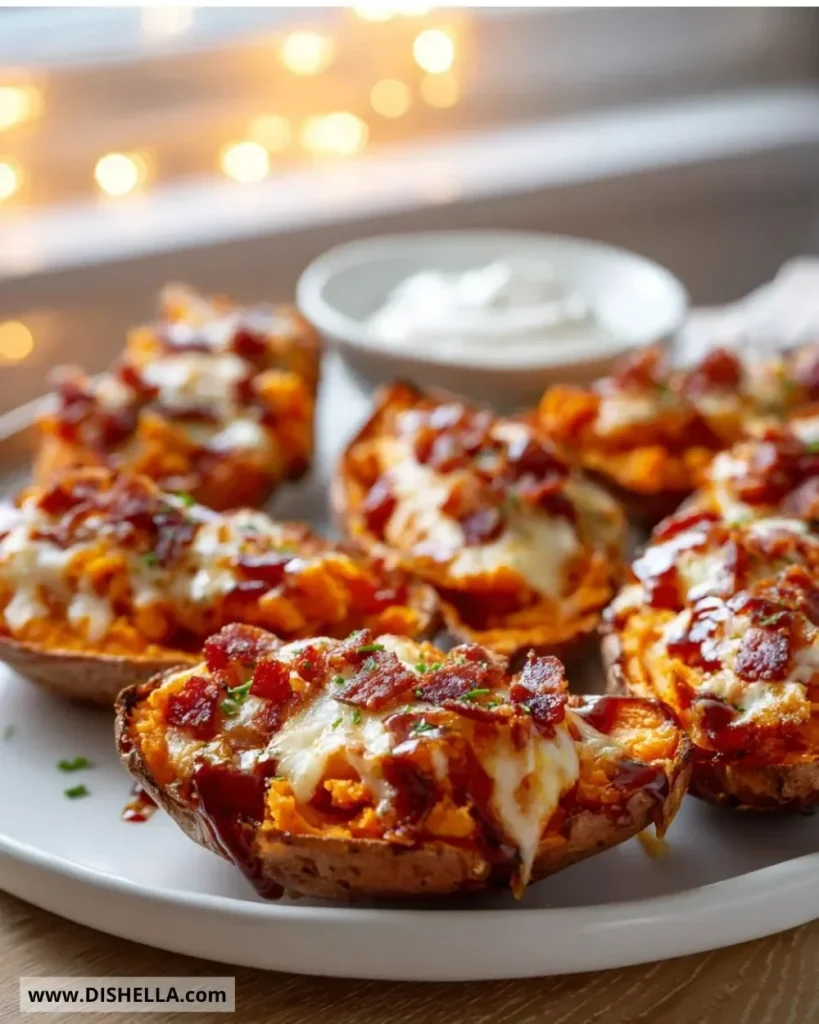 Baked sweet potato skins topped with cheese and herbs