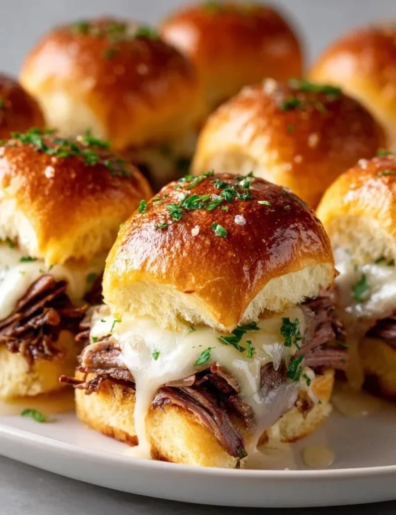 Delicious French Dip Sliders served with au jus for dipping
