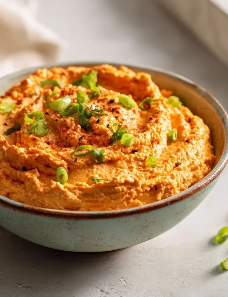 A creamy bowl of delicious Buffalo Cottage Cheese Dip with celery sticks.