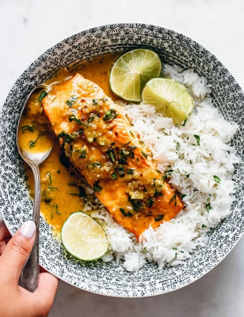 Delicious coconut curry salmon garnished with fresh herbs and served with rice