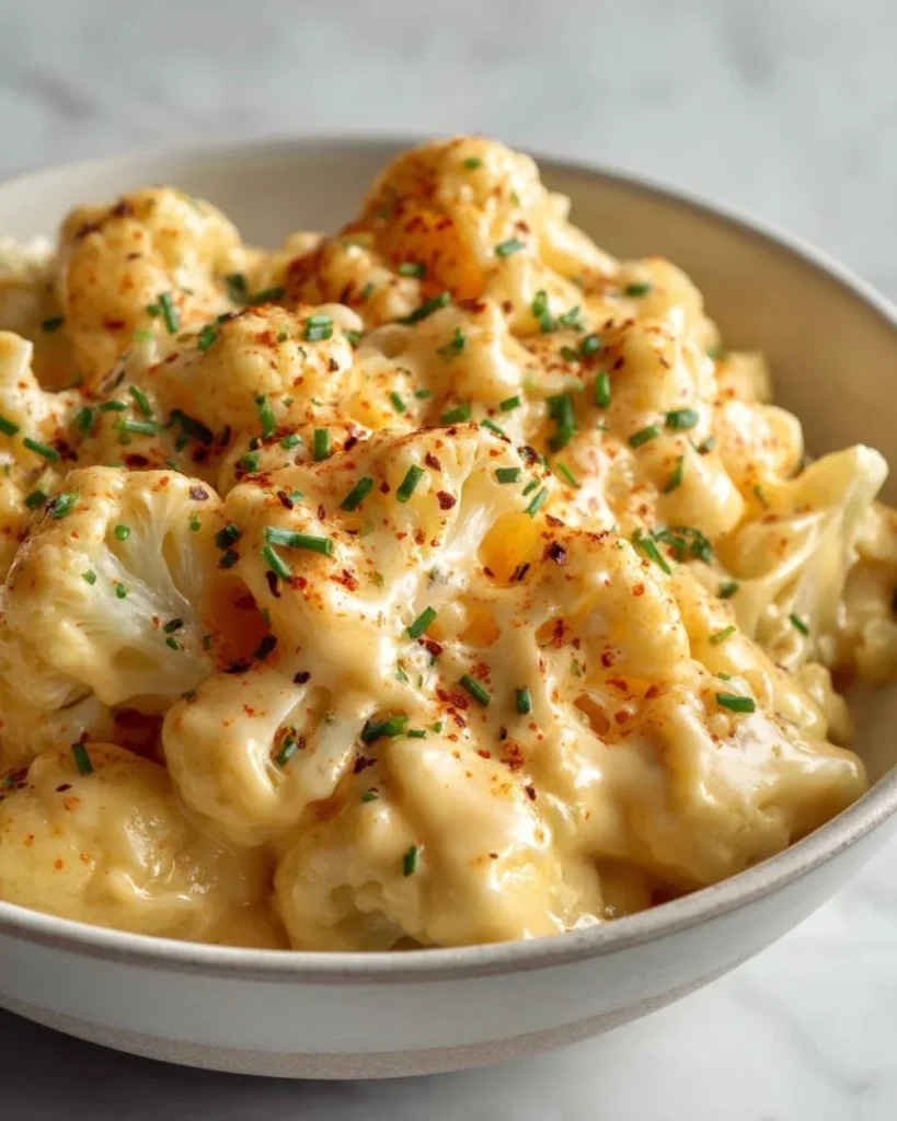 Creamy Keto Cauliflower Mac and Cheese served in a bowl with herbs