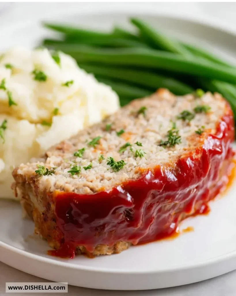 A delicious serving of homemade Turkey Meatloaf on a plate with vegetables.